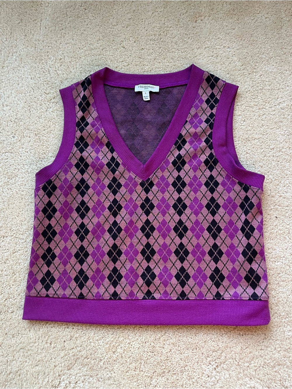 Freshman 1996 Preppy Dark Academia Argyle Pink Purple Sweater Vest - L - EUC